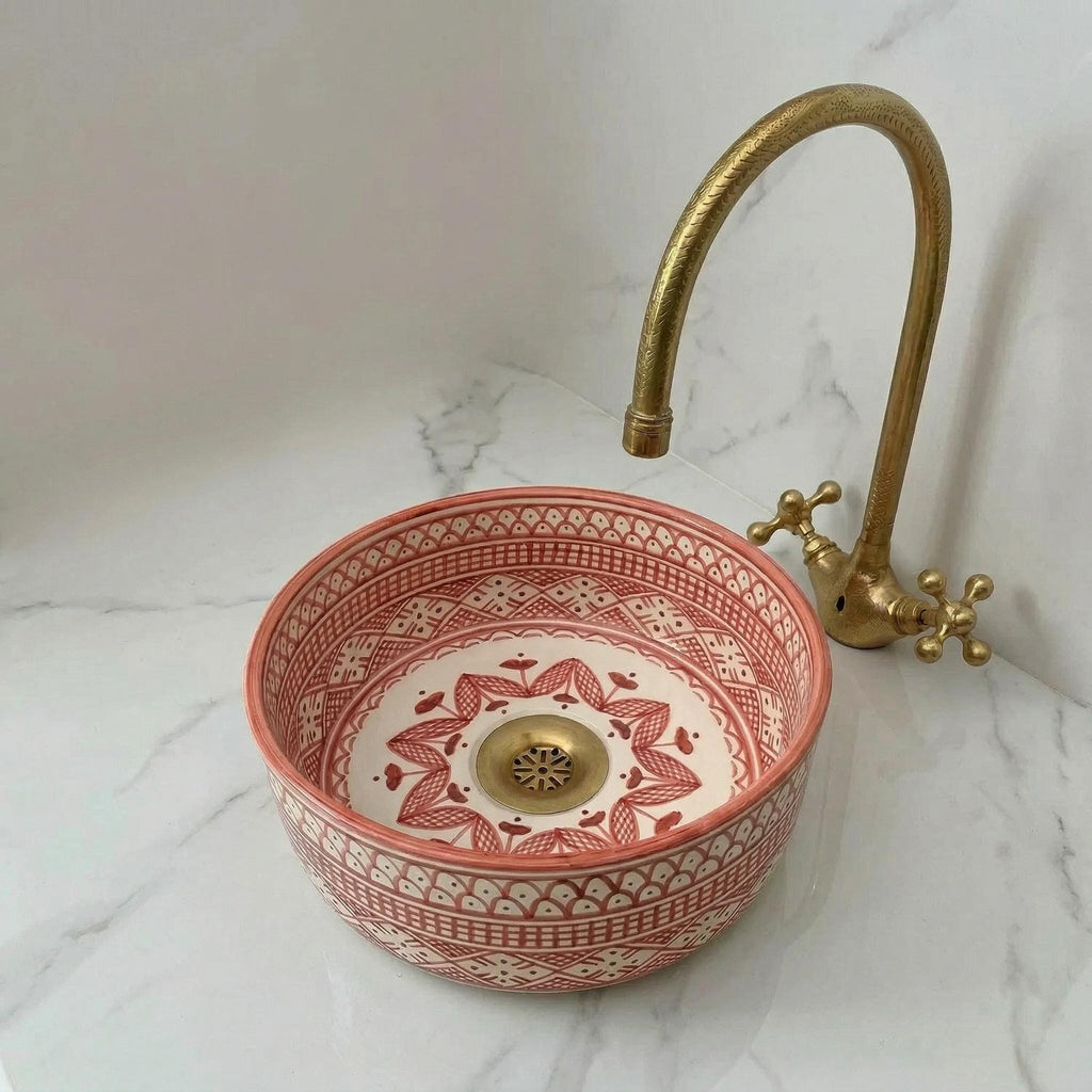 Moroccan Ceramic Vessel Sink, Ruby Red Checkered - 8–16" Diameter