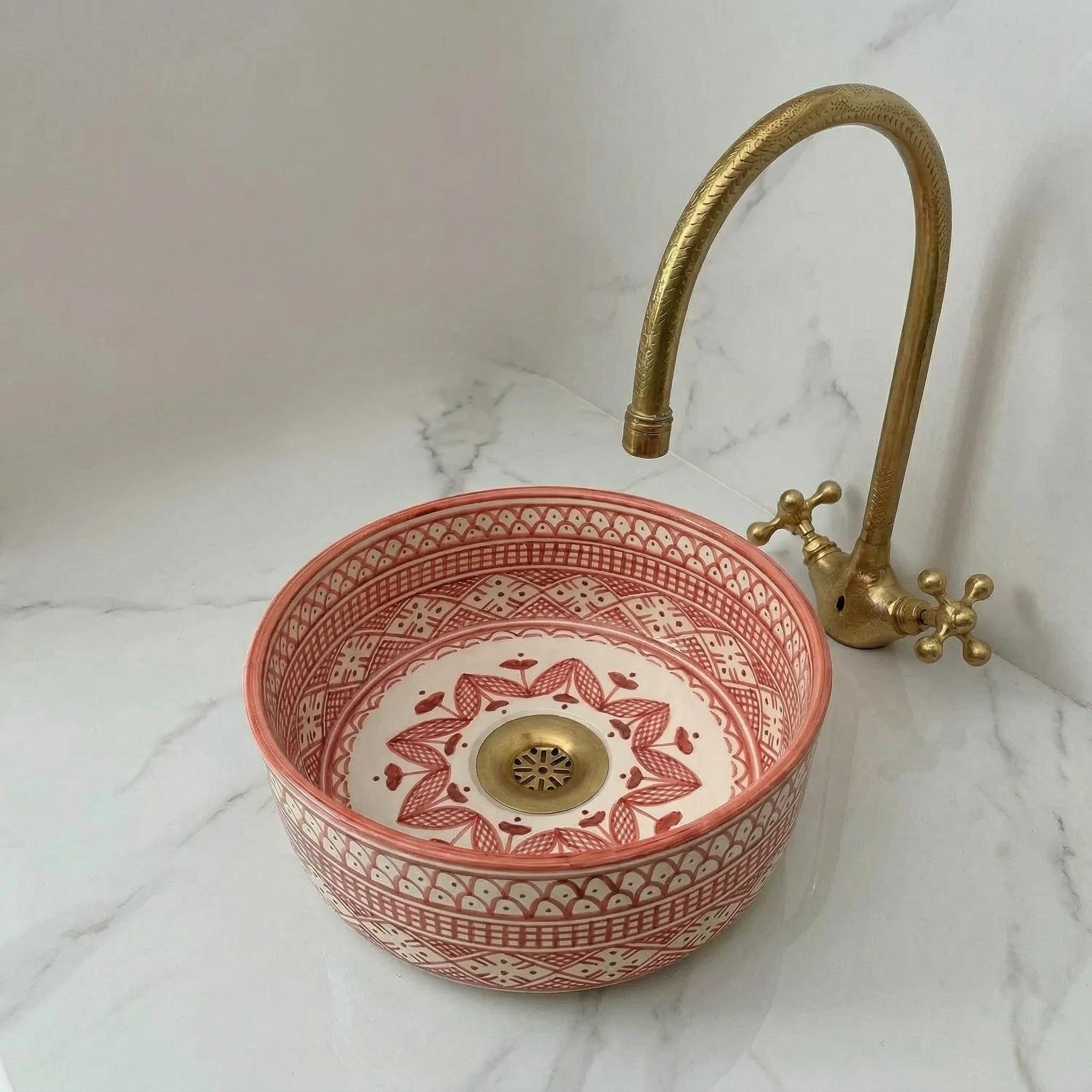 Moroccan Ceramic Vessel Sink, Ruby Red Checkered - 8–16" Diameter