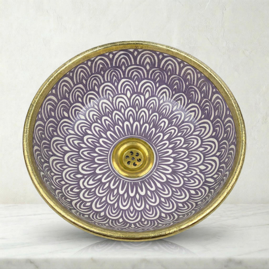 Moroccan Vessel Sink, Handcrafted Black Glazed Basin Brass Collar