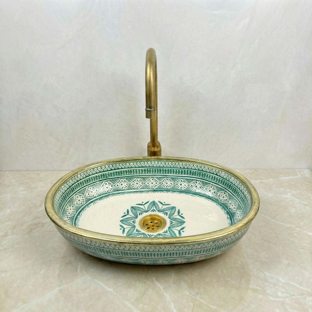 Sage Green Vessel Sink, Oval Hand-Glazed Porcelain 38x29–48x33 cm