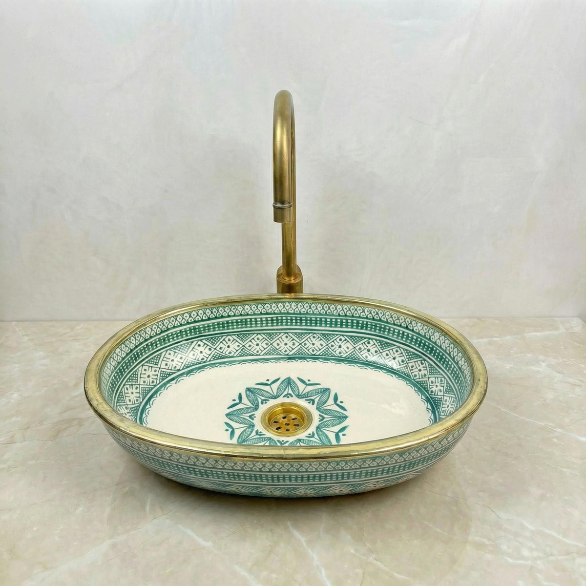 Sage Green Vessel Sink, Oval Hand-Glazed Porcelain 38x29–48x33 cm