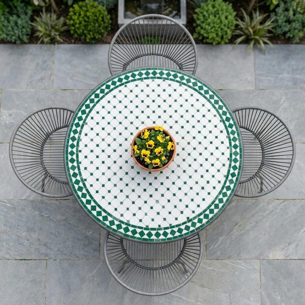 Moroccan Mosaic Table, Zellige 12-48 Inch Iron Base, Hairpin Legs