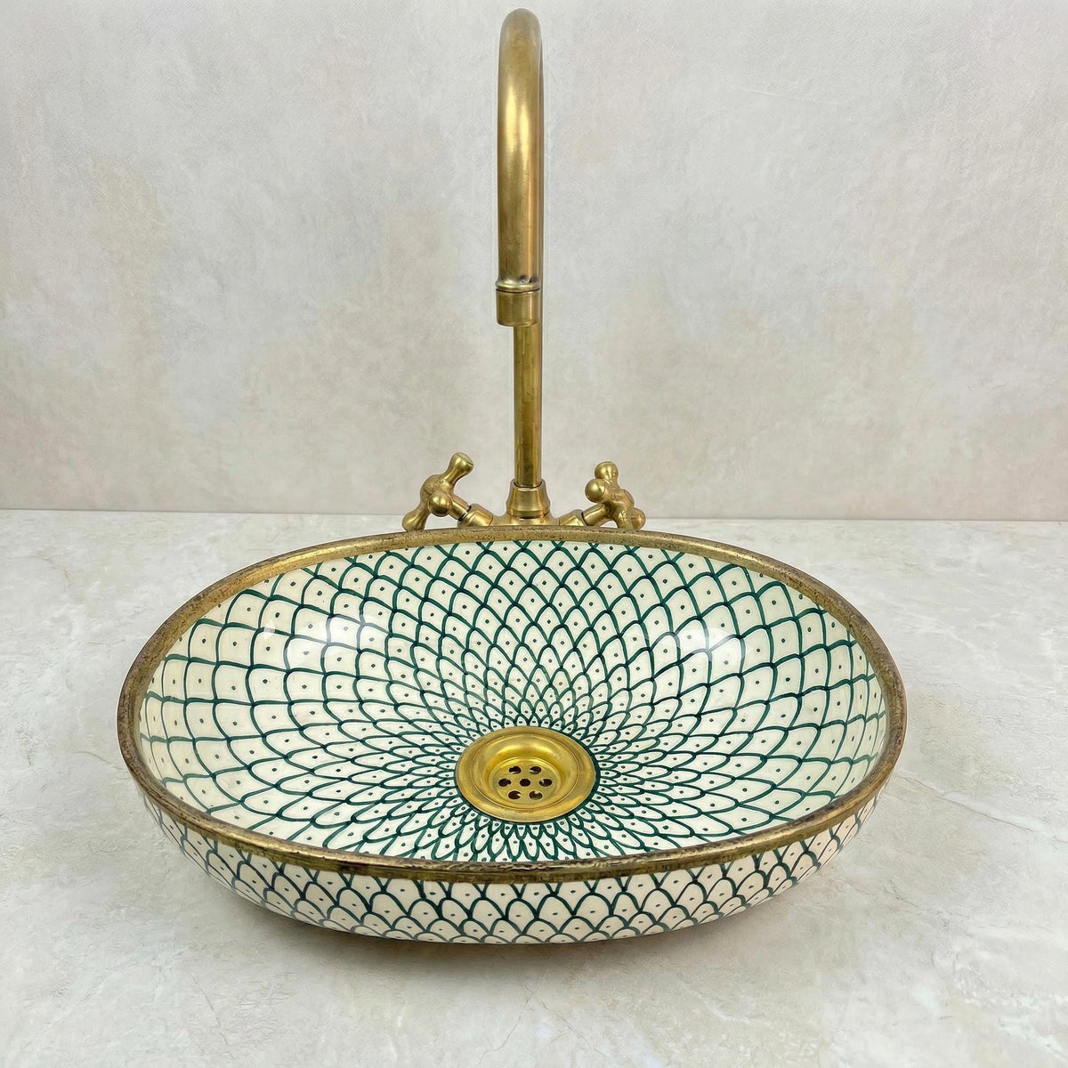 Handmade Ceramic Vessel Sink, Oval Teal Green, Gloss Porcelain New