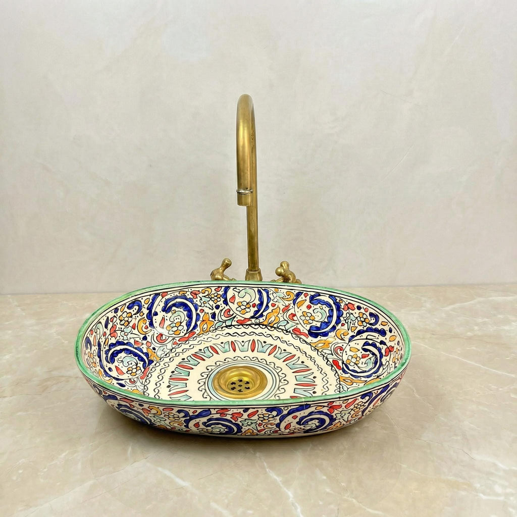 Teal Vessel Sink, Fes Oval Ceramic Washbasin 40cm, Brass Drain UK