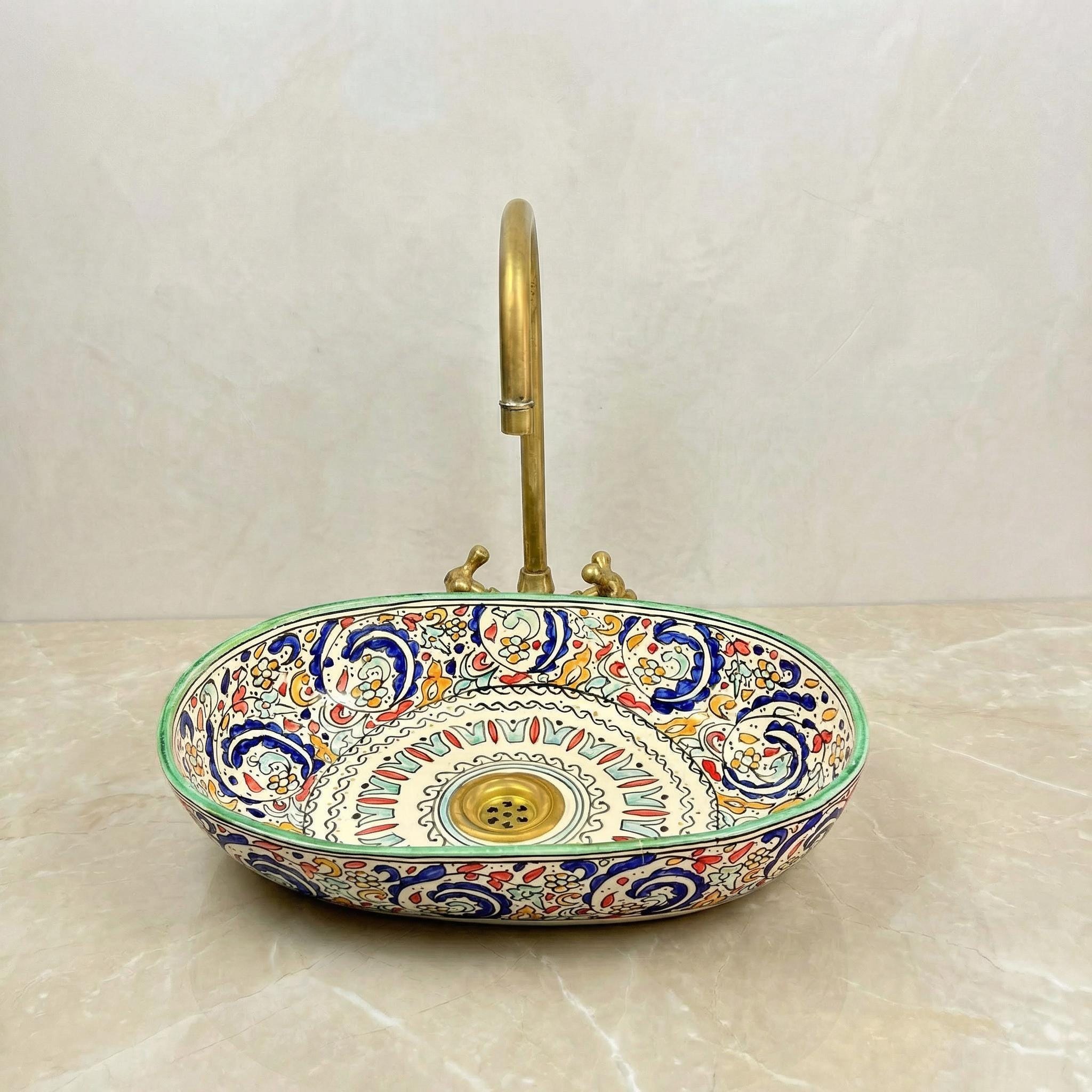 Teal Vessel Sink, Fes Oval Ceramic Washbasin 40cm, Brass Drain UK
