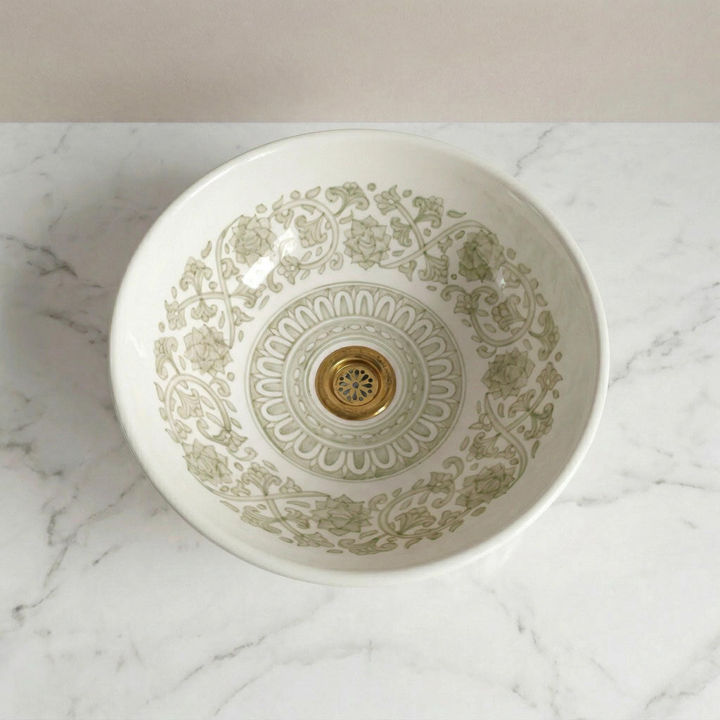 Moroccan Ceramic Vessel Sink, Sage Green, Handmade, 8–16 Diameter