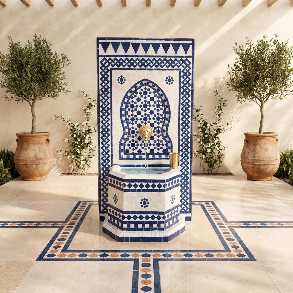 a decorative fountain with a blue and white tile design, surrounded by potted plants and a tiled floor.