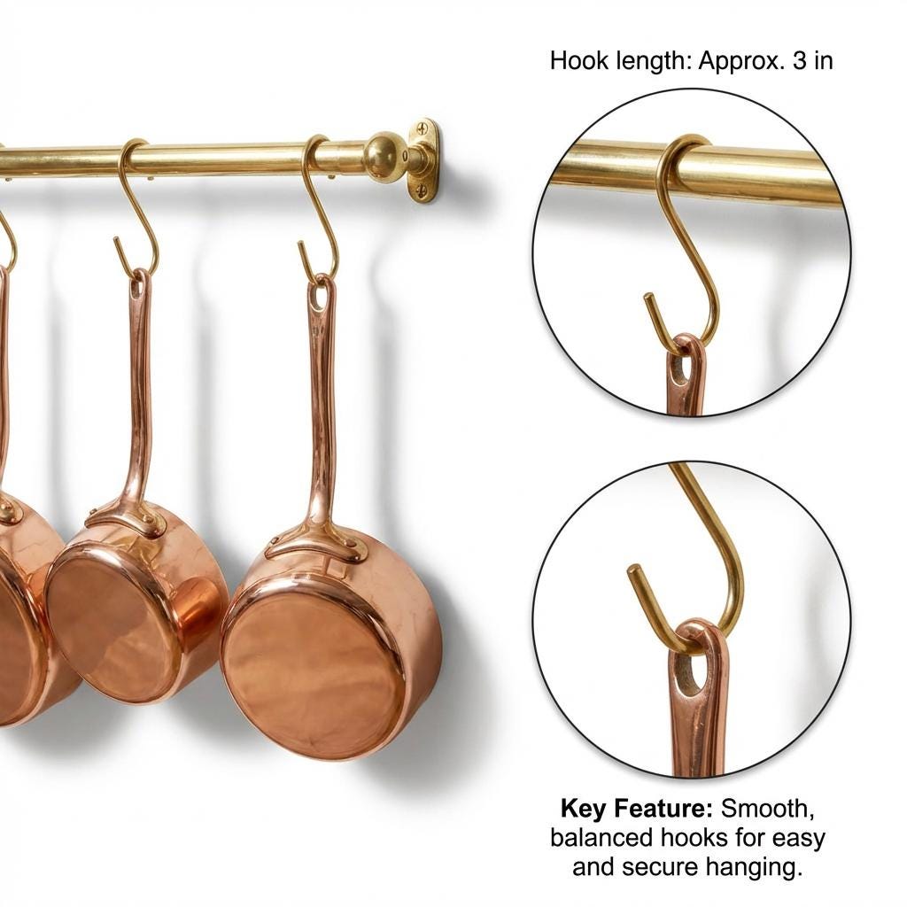 Brass Pot Rail, Handmade Twisted Solid Brass Rod, 1/2in, S Hooks.