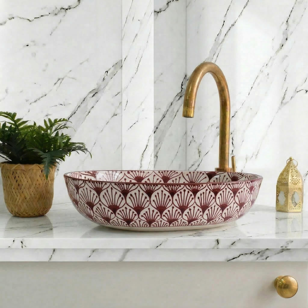 Moroccan Ceramic Sink, Pink Oval 36 Cm Hand-Painted Ceramic, Gift