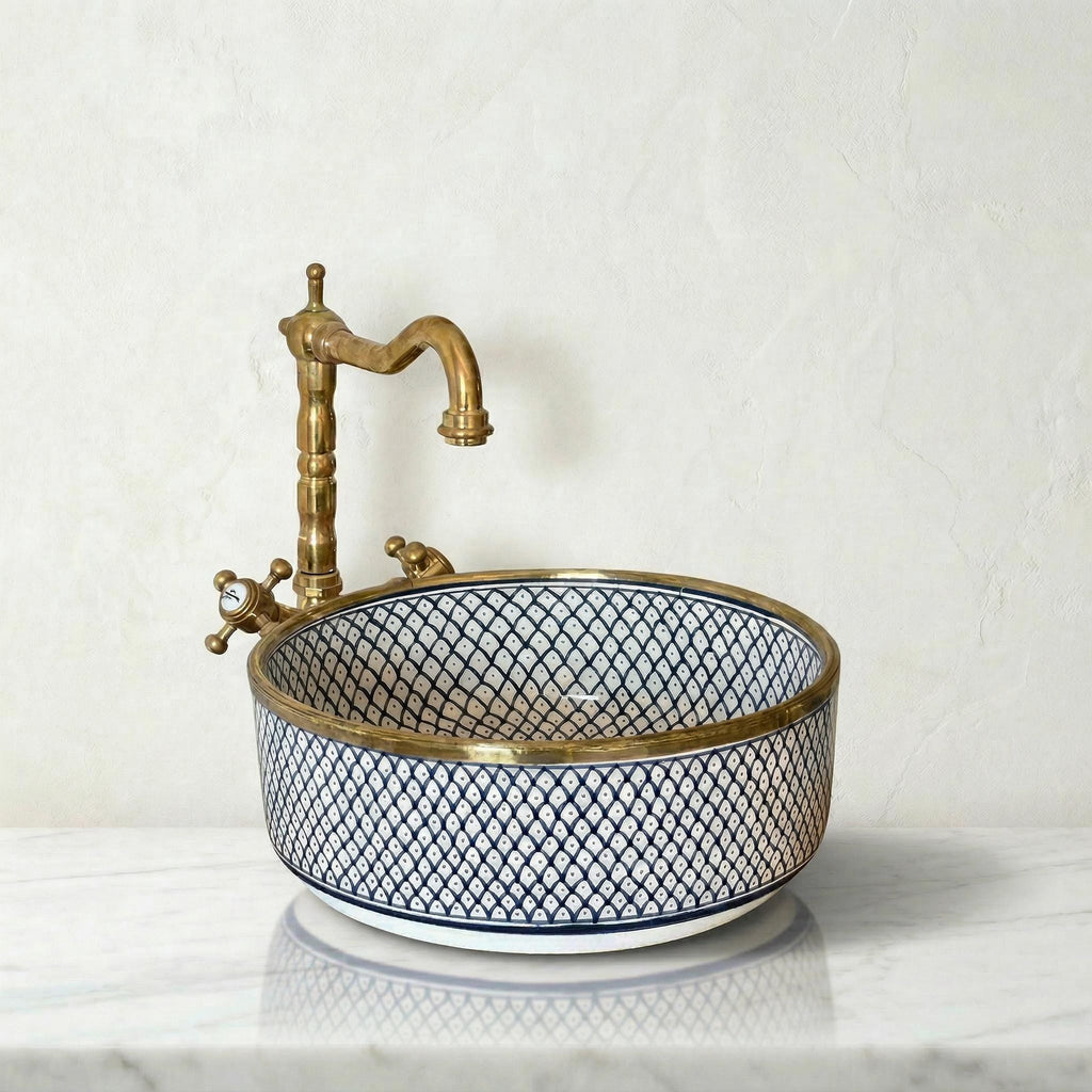 Navy Blue Vessel Sink Porcelain 12" Countertop Basin 14K Gold Rim