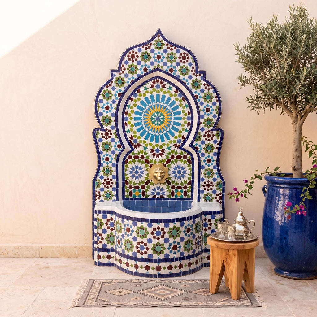 a colorful mosaic fountain with a blue and white pattern, situated in a room with a wooden stool and a potted plant.
