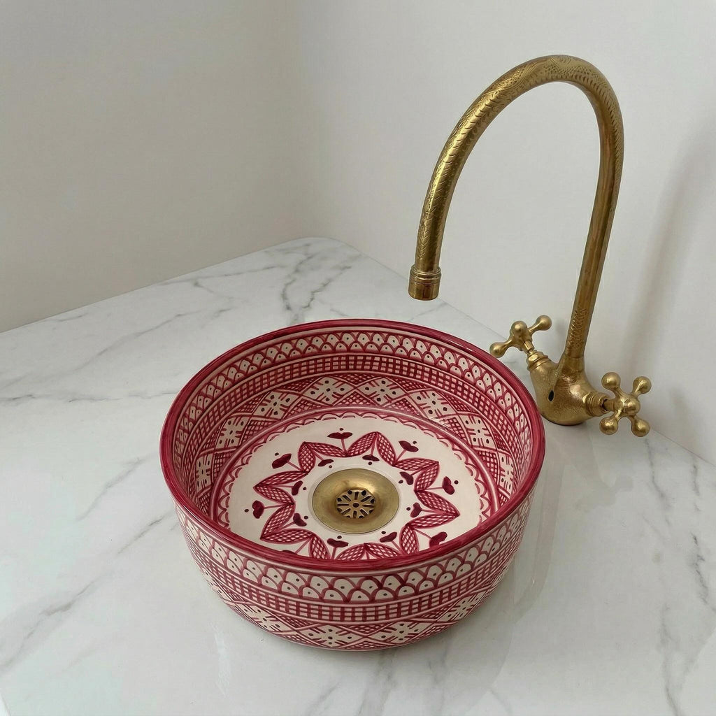 Moroccan Ceramic Vessel Sink, Ruby Red Checkered - 8–16" Diameter