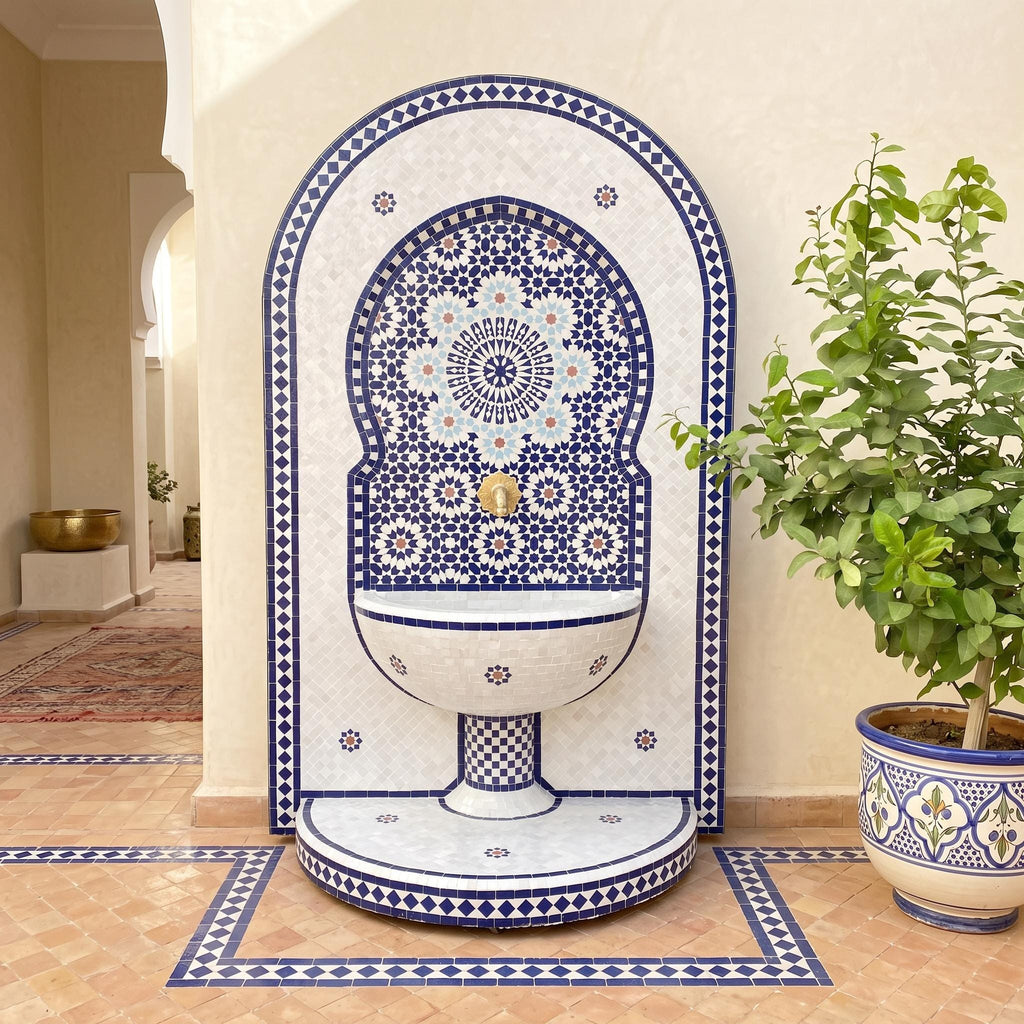 a decorative tile fountain with a blue and white pattern, situated in a room with a potted plant and a rug on the floor.