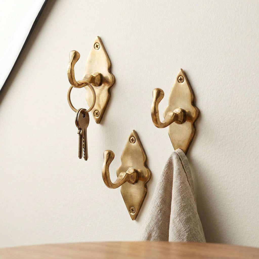 Rustic Brass Wall Hooks, Handmade Unlacquered 8 Cm Moroccan Hooks