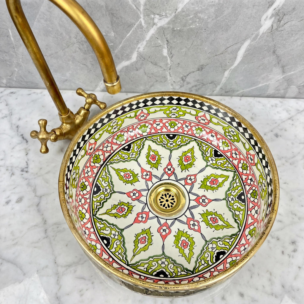 Moroccan Ceramic Sink, Handcrafted Ruby Red Vessel 30cm Brass Rim