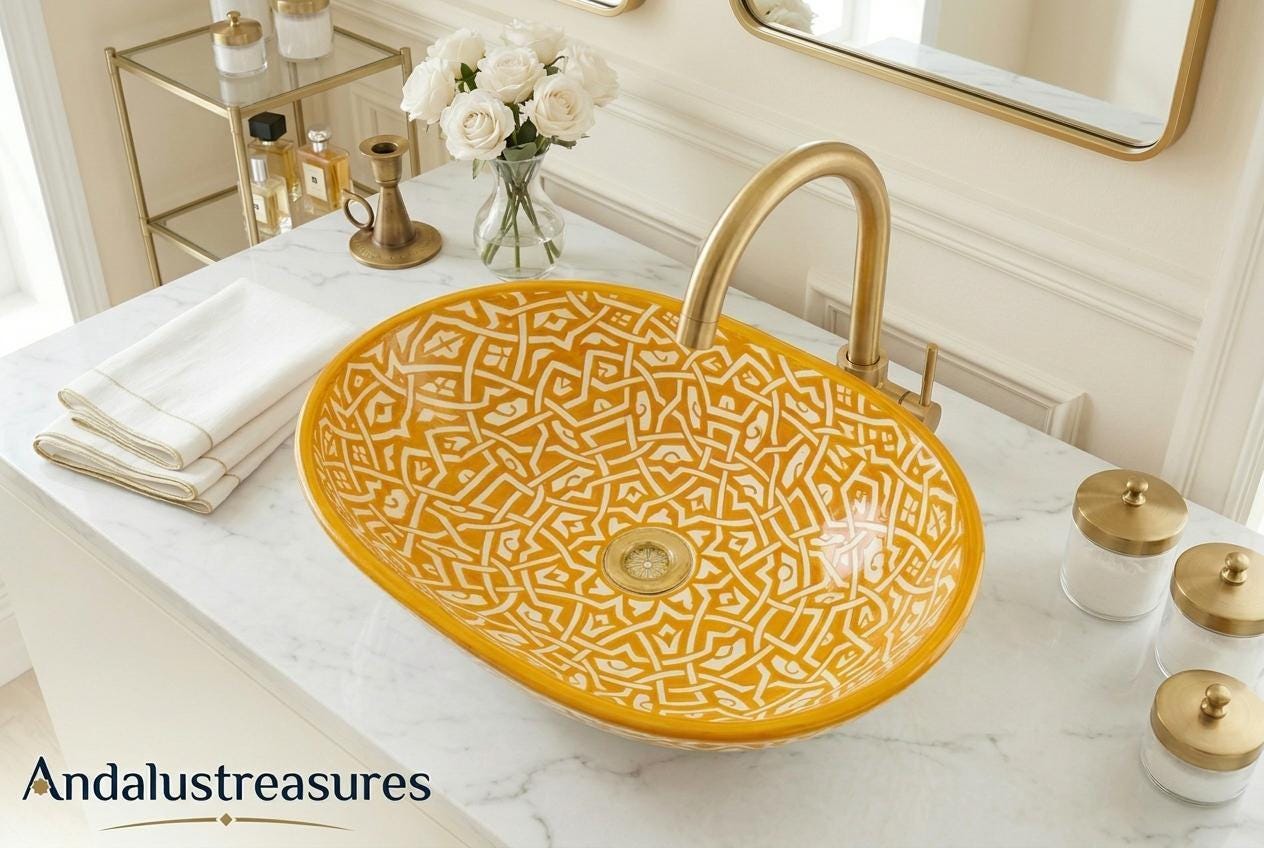 Green Moroccan Vessel Sink, Handcrafted Oval Porcelain Basin 40cm