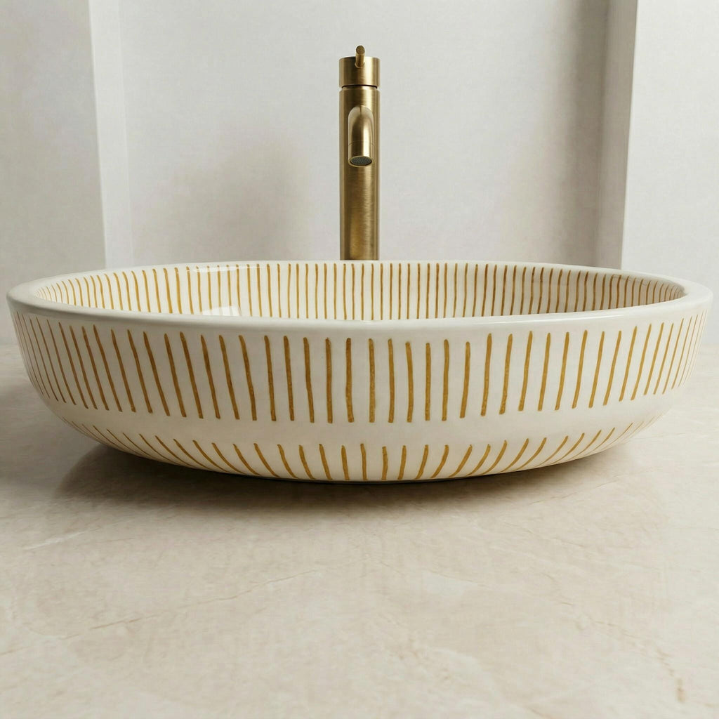 Moroccan Ceramic Sink, Orange Zellige Oval Basin 40Cm Brass Drain