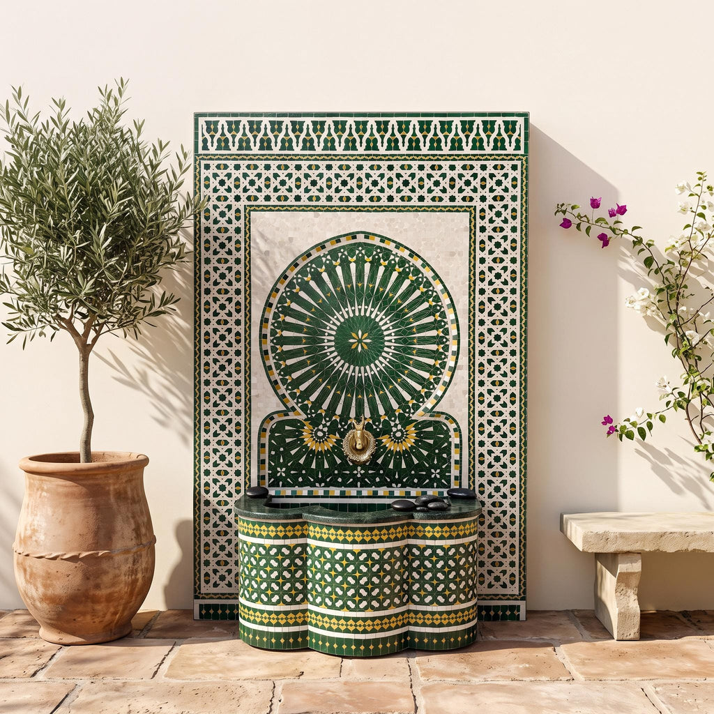 a decorative fountain with a green and white mosaic design, surrounded by potted plants and a stone bench.