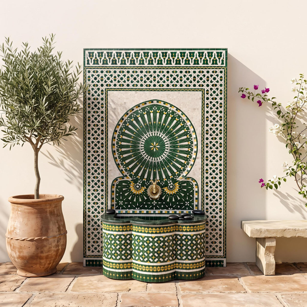 a decorative fountain with a green and white mosaic design, surrounded by potted plants and a stone bench.
