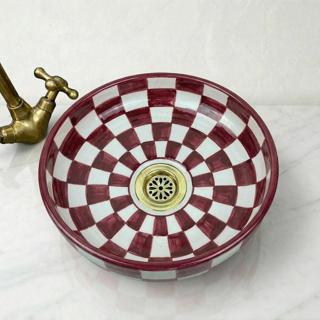 Moroccan Ceramic Vessel Sink, Burgundy Checkered 12" Brass Drains