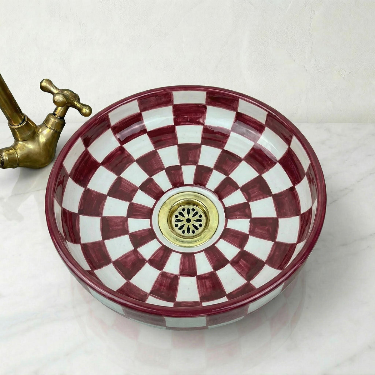 Moroccan Ceramic Vessel Sink, Burgundy Checkered 12" Brass Drains