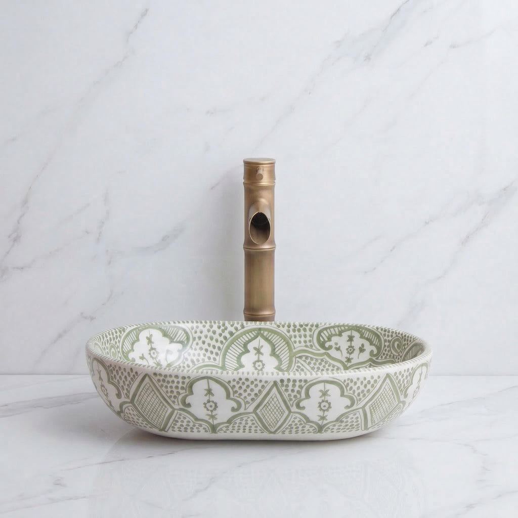 moroccan ceramic vessel sink, Sage Oval Handmade 38cm Brass Drain