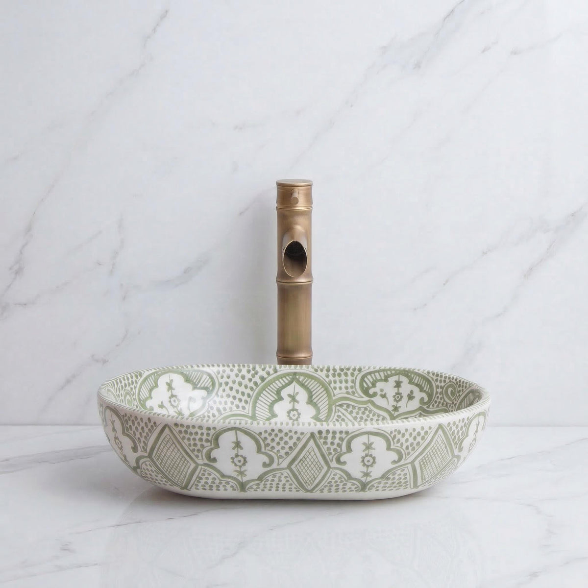 moroccan ceramic vessel sink, Sage Oval Handmade 38cm Brass Drain