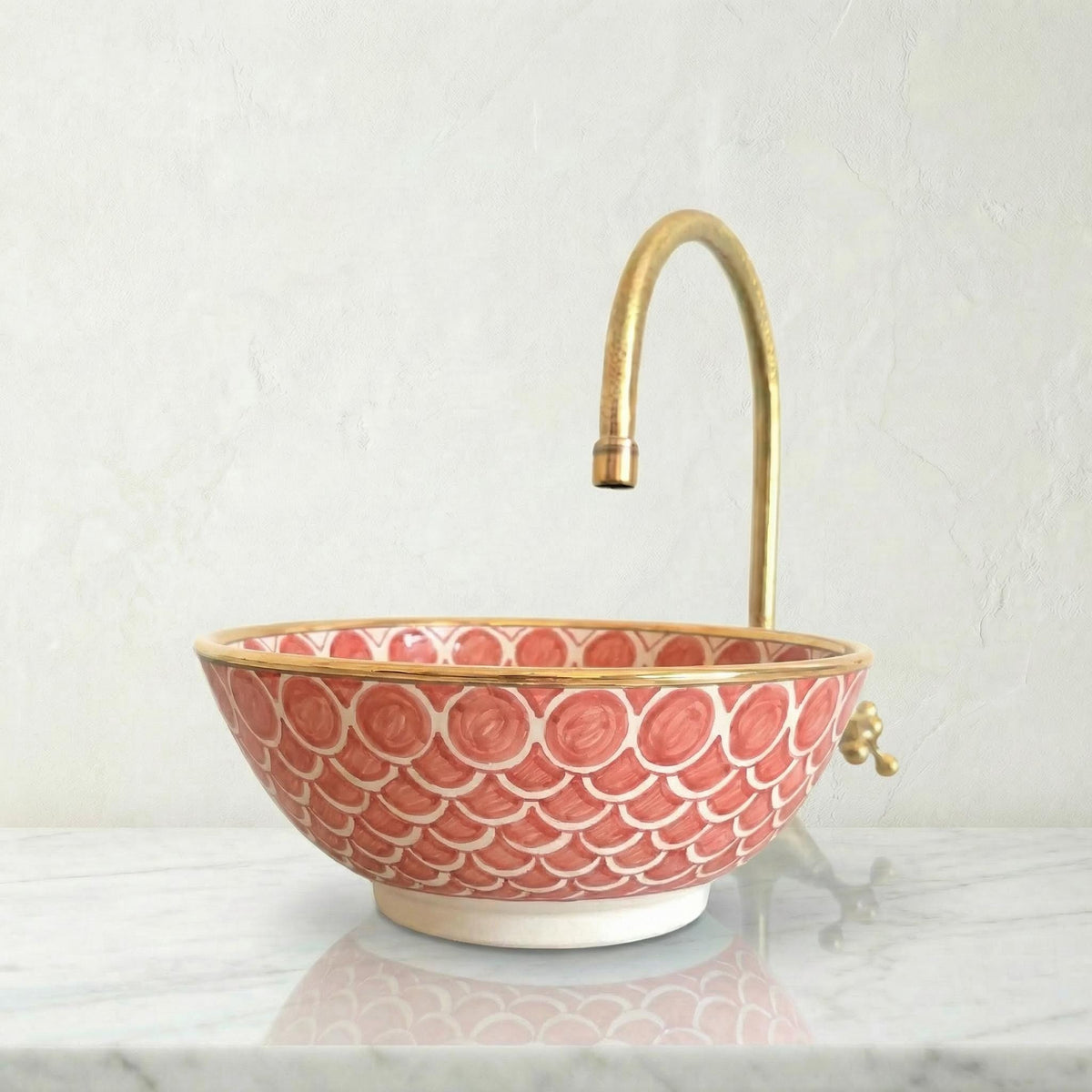 Moroccan Vessel Sink, Coral Pink Porcelain Basin, 14Kt Gold Rims.