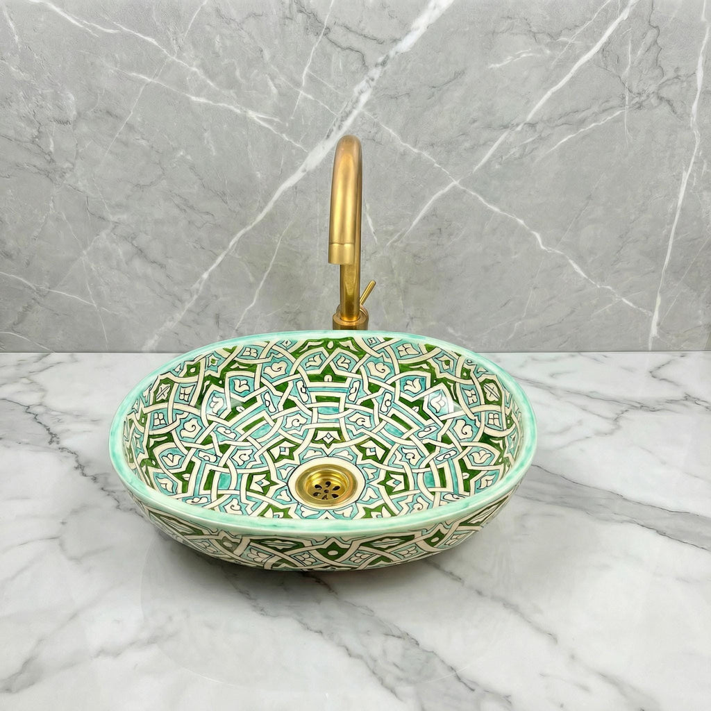 Oval Vessel Sink, Fes Handmade Porcelain Basin, White Brass Drain