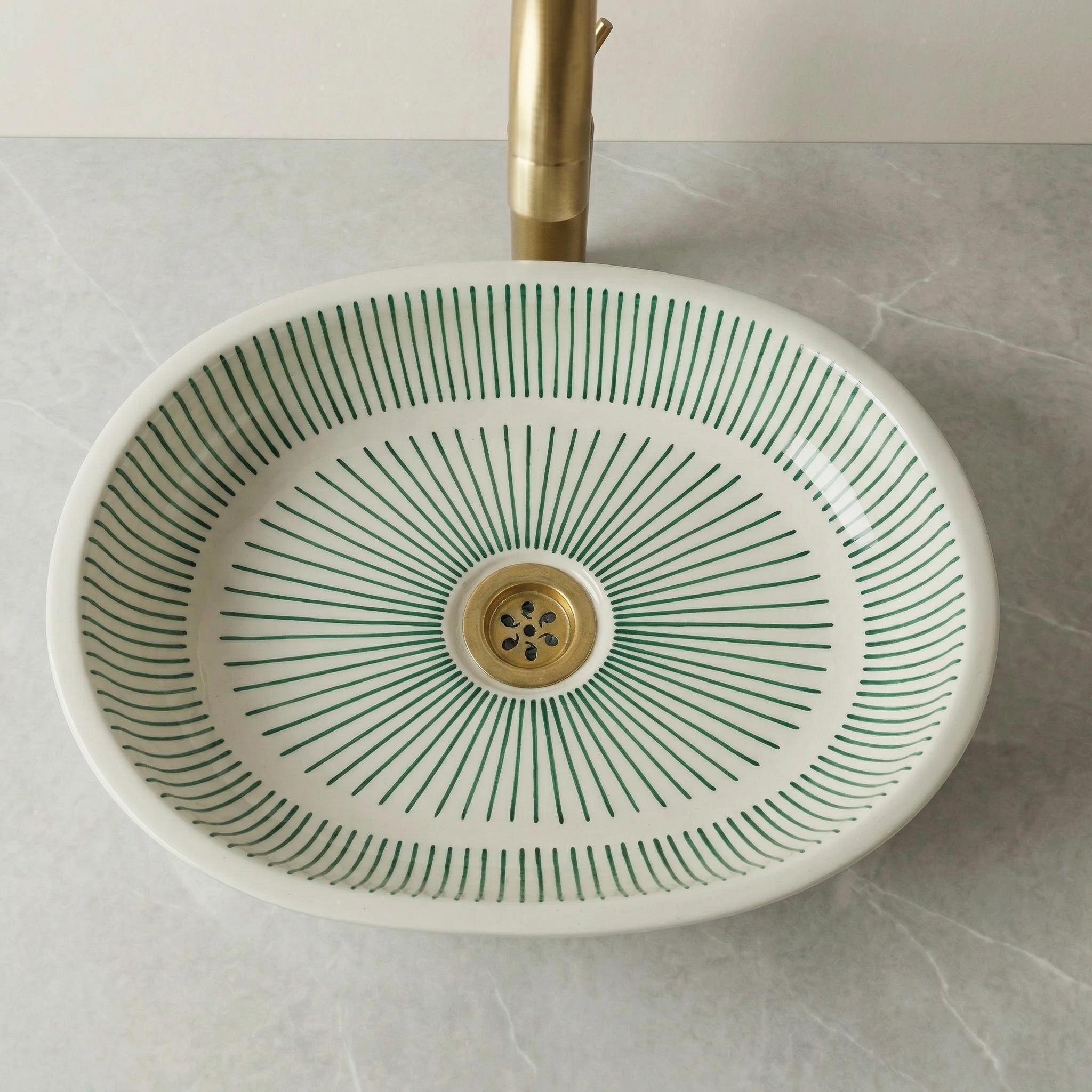 Moroccan Ceramic Sink, Orange Zellige Oval Basin 40Cm Brass Drain