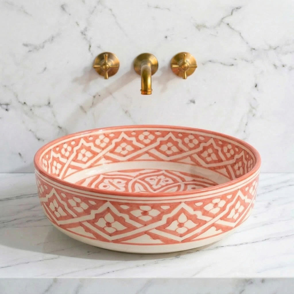 Ceramic Vessel Sink, Moroccan Hand-Painted Sage Green Basin, 12".