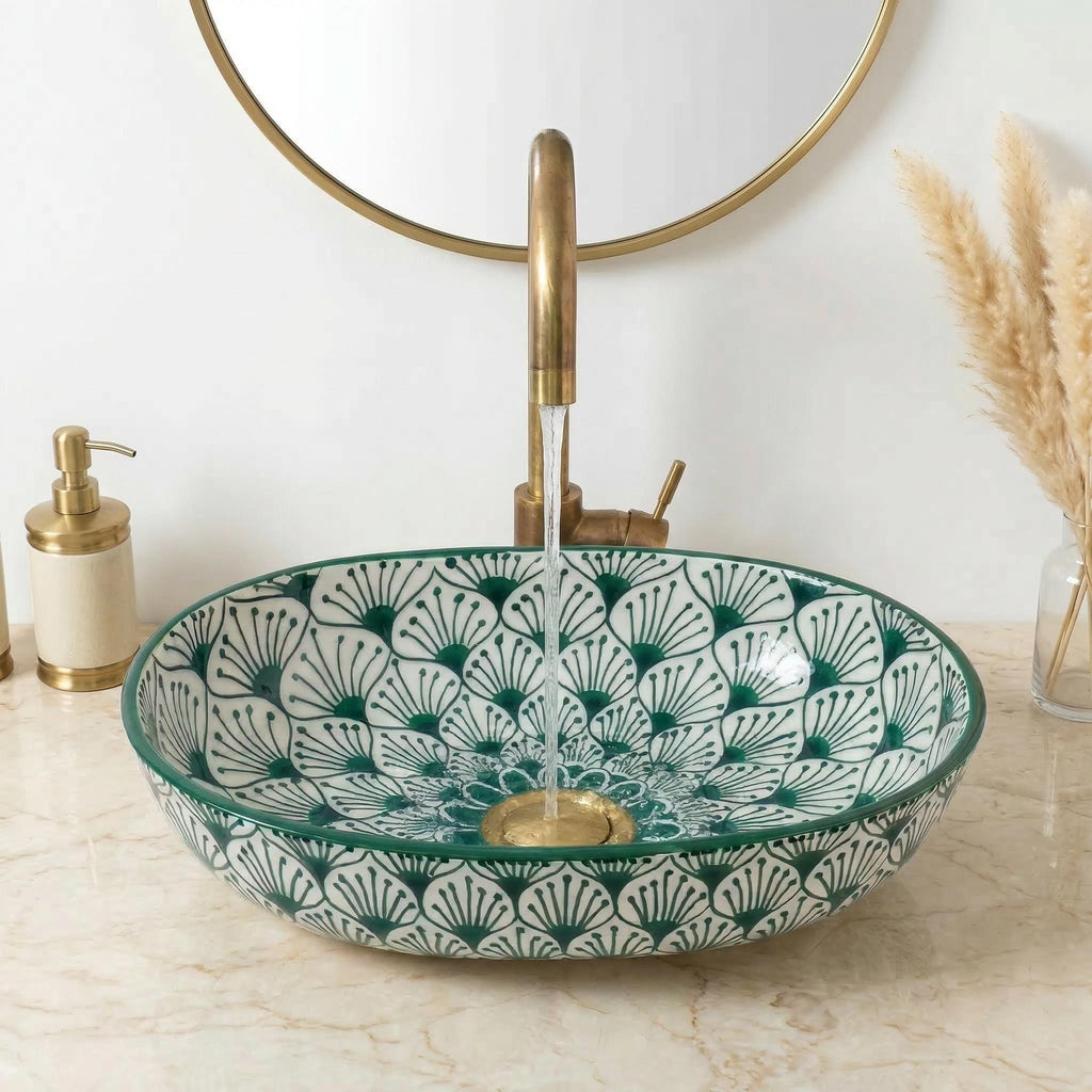 Moroccan vessel sink, Oval Ceramic 32-48 cm Emerald, Brass Drain