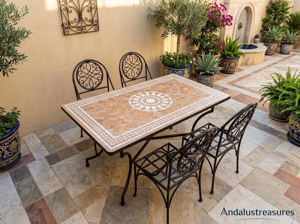 Moroccan Zellige Bistro Table, Handmade Mosaic Top, Iron Base -XL