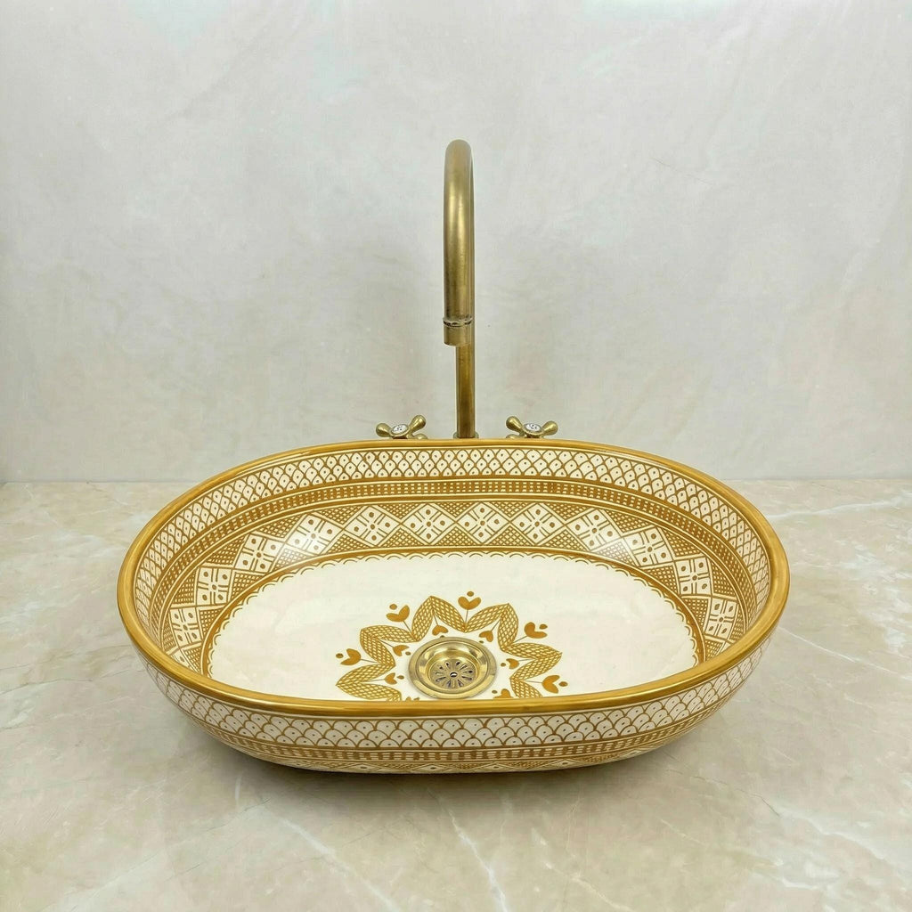Moroccan Ceramic Vessel Sink, Oval Green Fishscale, Free Drain