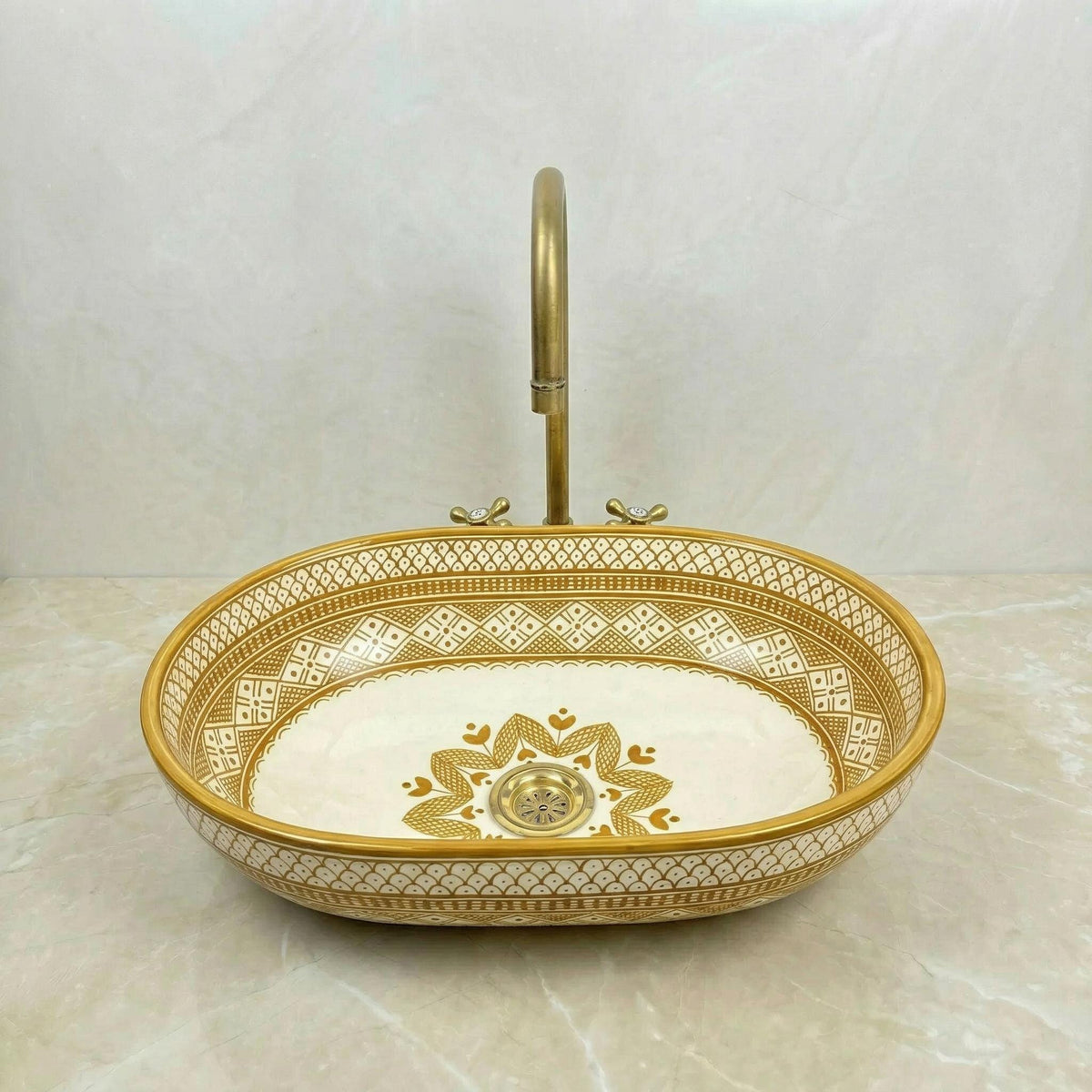 Moroccan Ceramic Vessel Sink, Oval Green Fishscale, Free Drain