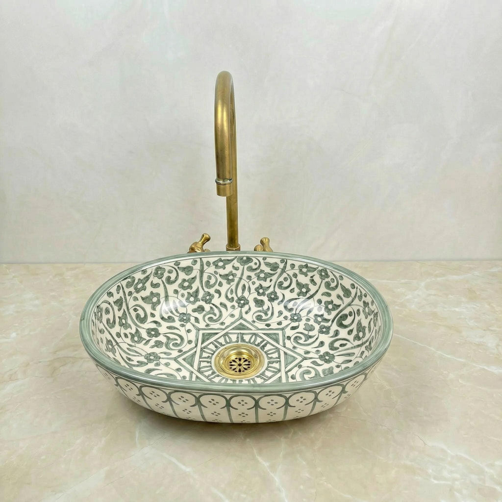 Handmade Moroccan Vessel Sink Oval Sage-Green, Brass Flower Drain