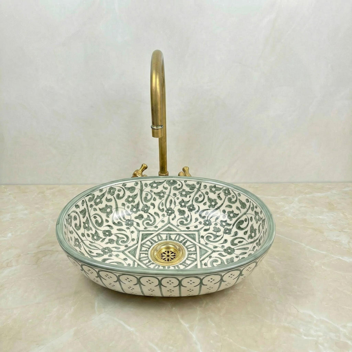 Handmade Moroccan Vessel Sink Oval Sage-Green, Brass Flower Drain
