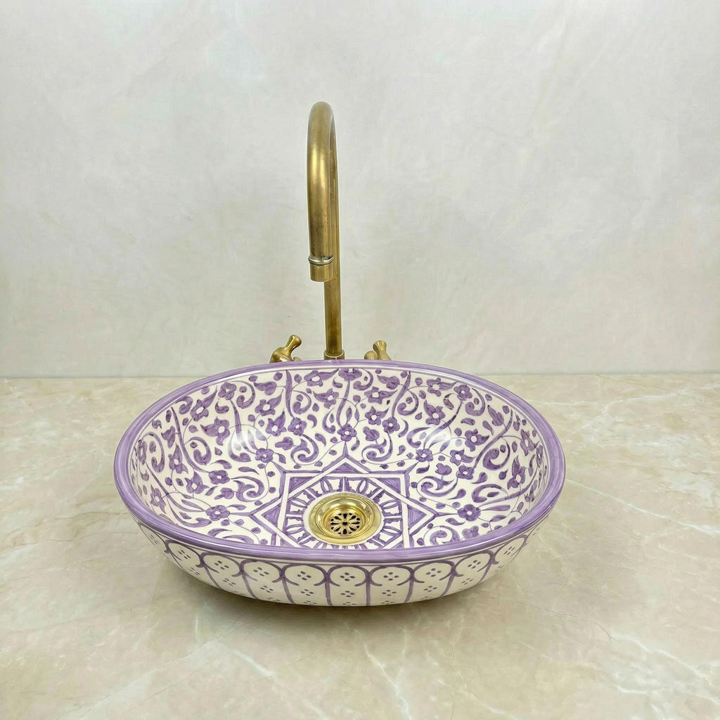 Handmade Moroccan Vessel Sink Oval Sage-Green, Brass Flower Drain