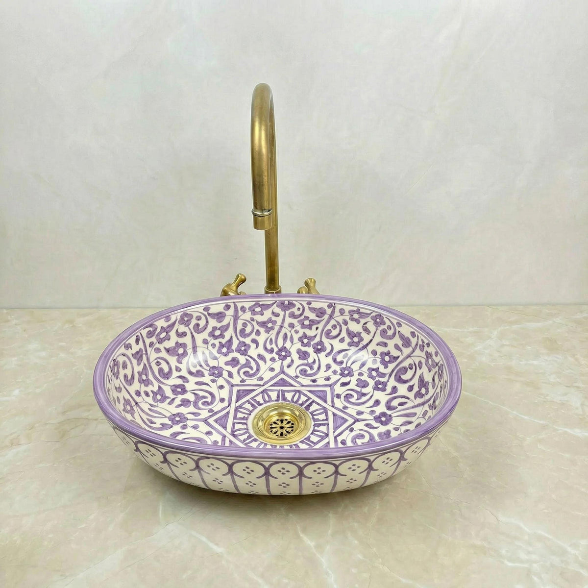 Handmade Moroccan Vessel Sink Oval Sage-Green, Brass Flower Drain