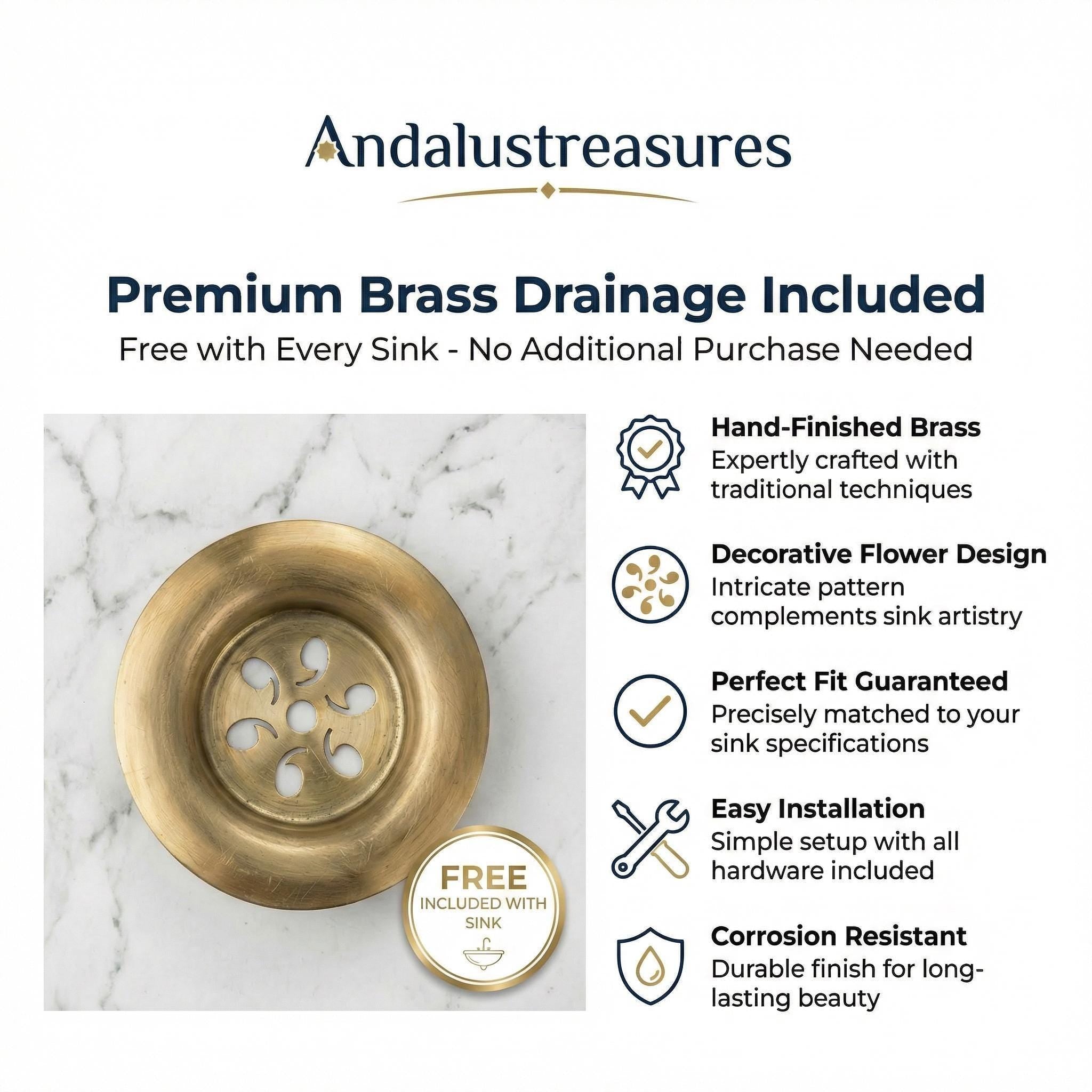 The image is an advertisement for a premium brass drainage included with a sink. It highlights the benefits of the brass drainage, such as hand-finished craftsmanship, a decorative flower design, a perfect fit guarantee, easy installation, and corrosion resistance. The image also includes a close-up of the brass drainage with a sink, emphasizing the product's features.