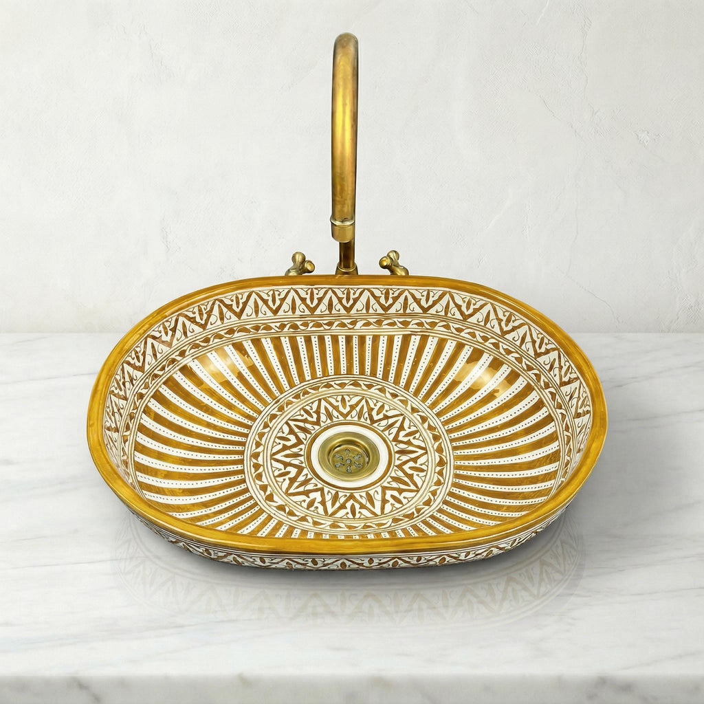 Moroccan Ceramic Sink, Oval Porcelain Basin 40cm With Brass Drain