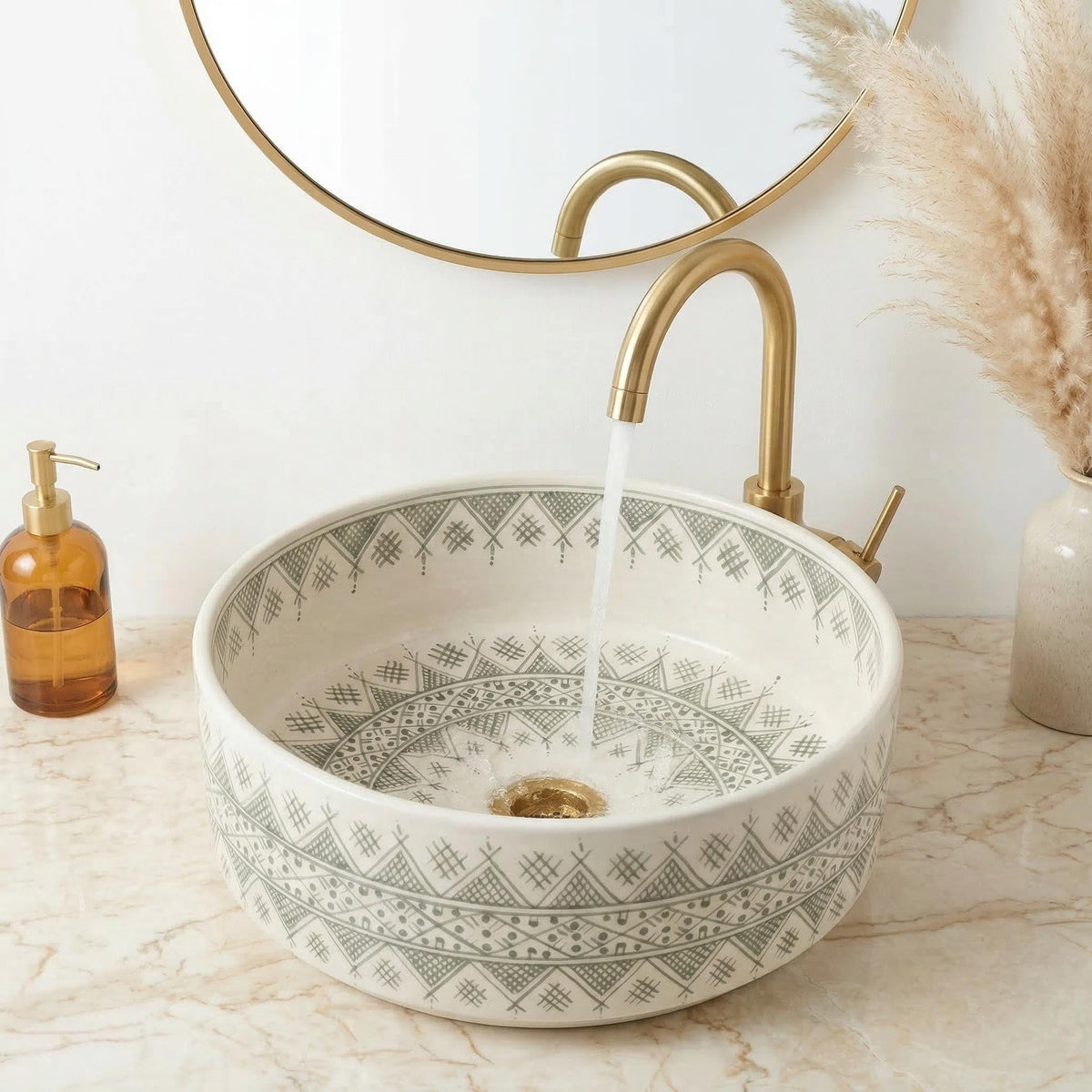 Handmade Ceramic Vessel Sink, Sage Green 14" Round Basin 6" Deep.
