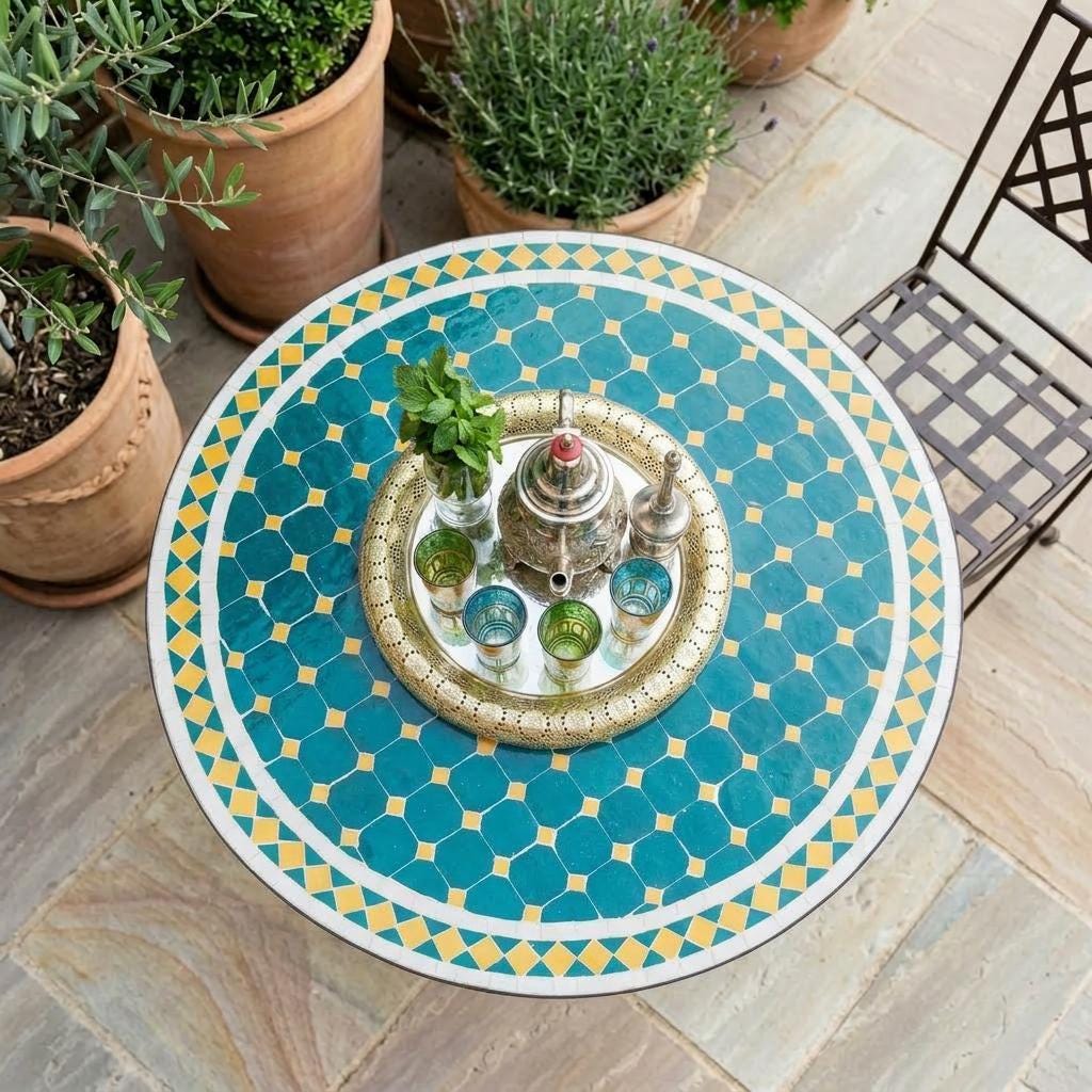 Zellige Tile Table, Boho Mosaic, Powder-Coated Iron Base 12–48 In