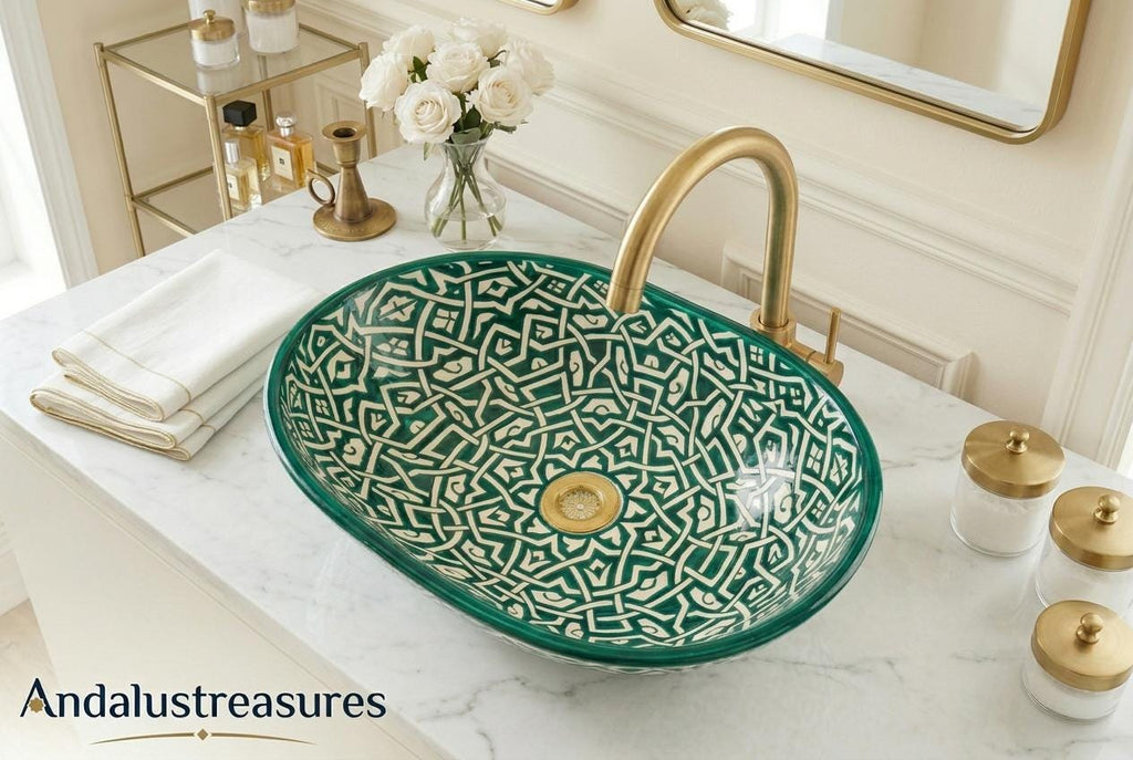 Green Moroccan Vessel Sink, Handcrafted Oval Porcelain Basin 40cm