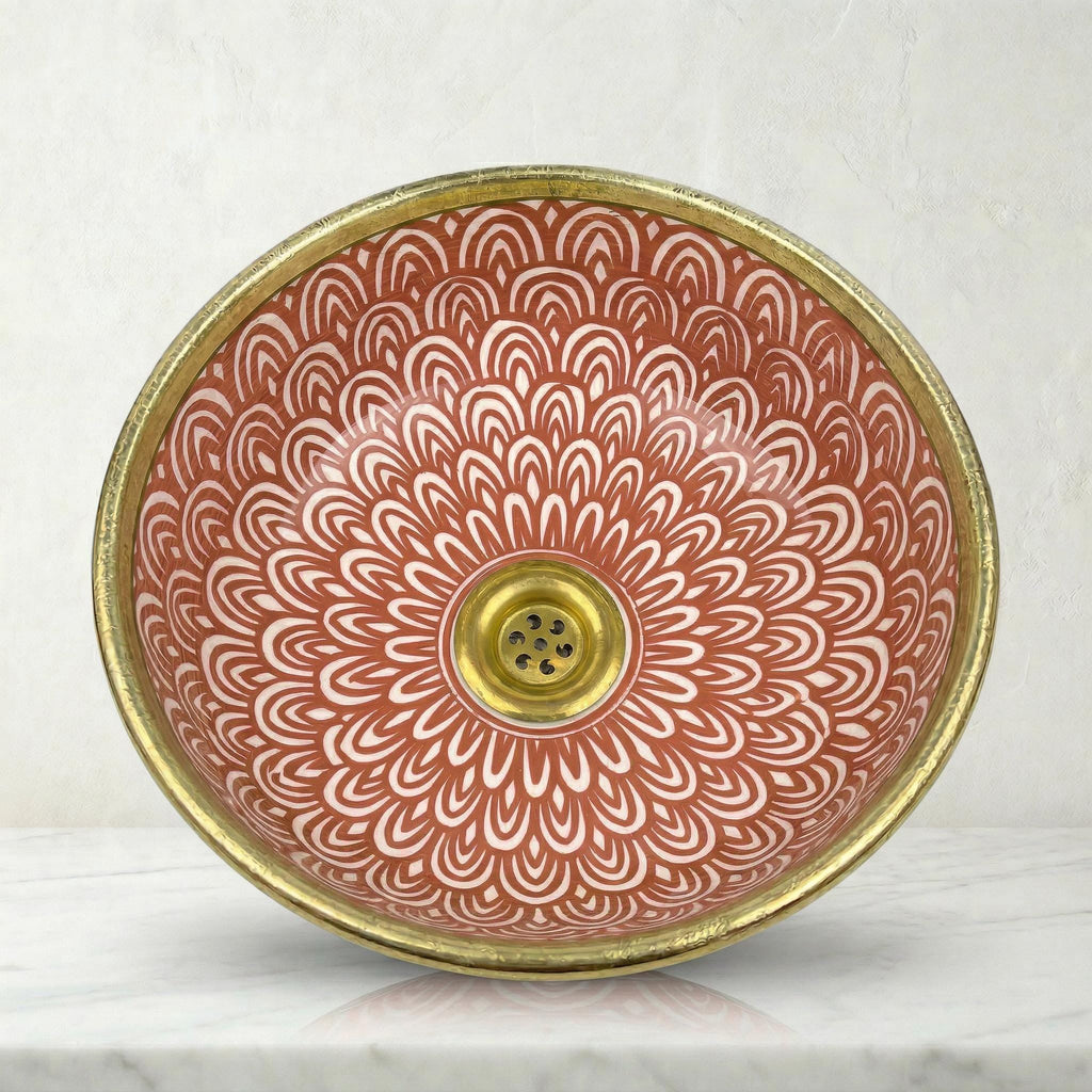 Moroccan Vessel Sink, Handcrafted Black Glazed Basin Brass Collar