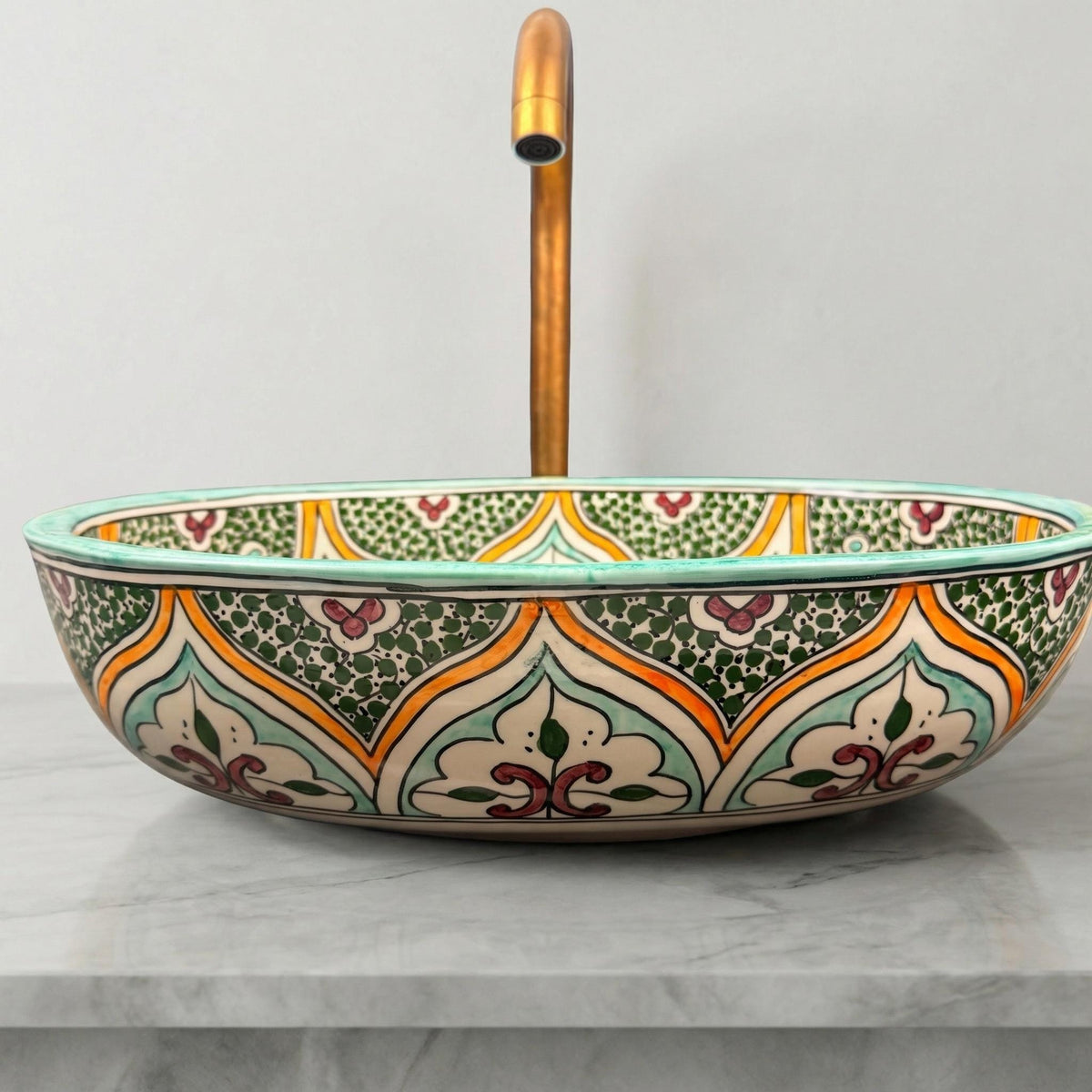 Ceramic Vessel Sink, Red Andalusian Oval 40cm, Brass Drain Incl.