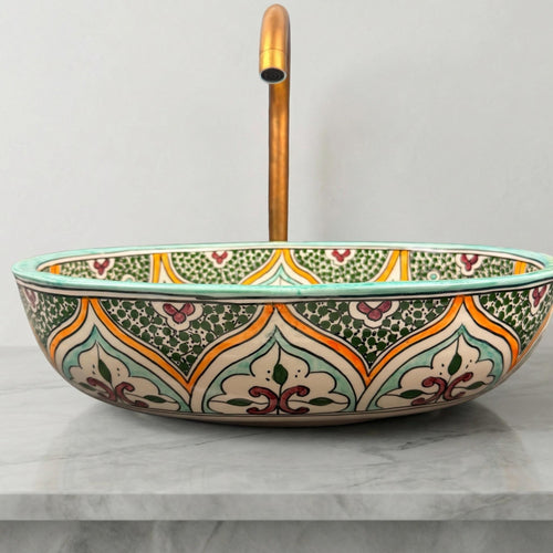 Ceramic Vessel Sink, Red Andalusian Oval 40cm, Brass Drain Incl.
