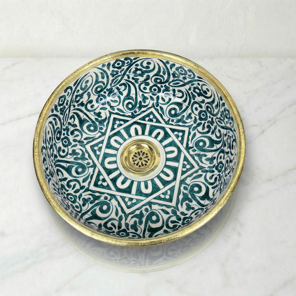 Moroccan Ceramic Vessel Sink Emerald Green, Handmade Compact 30cm
