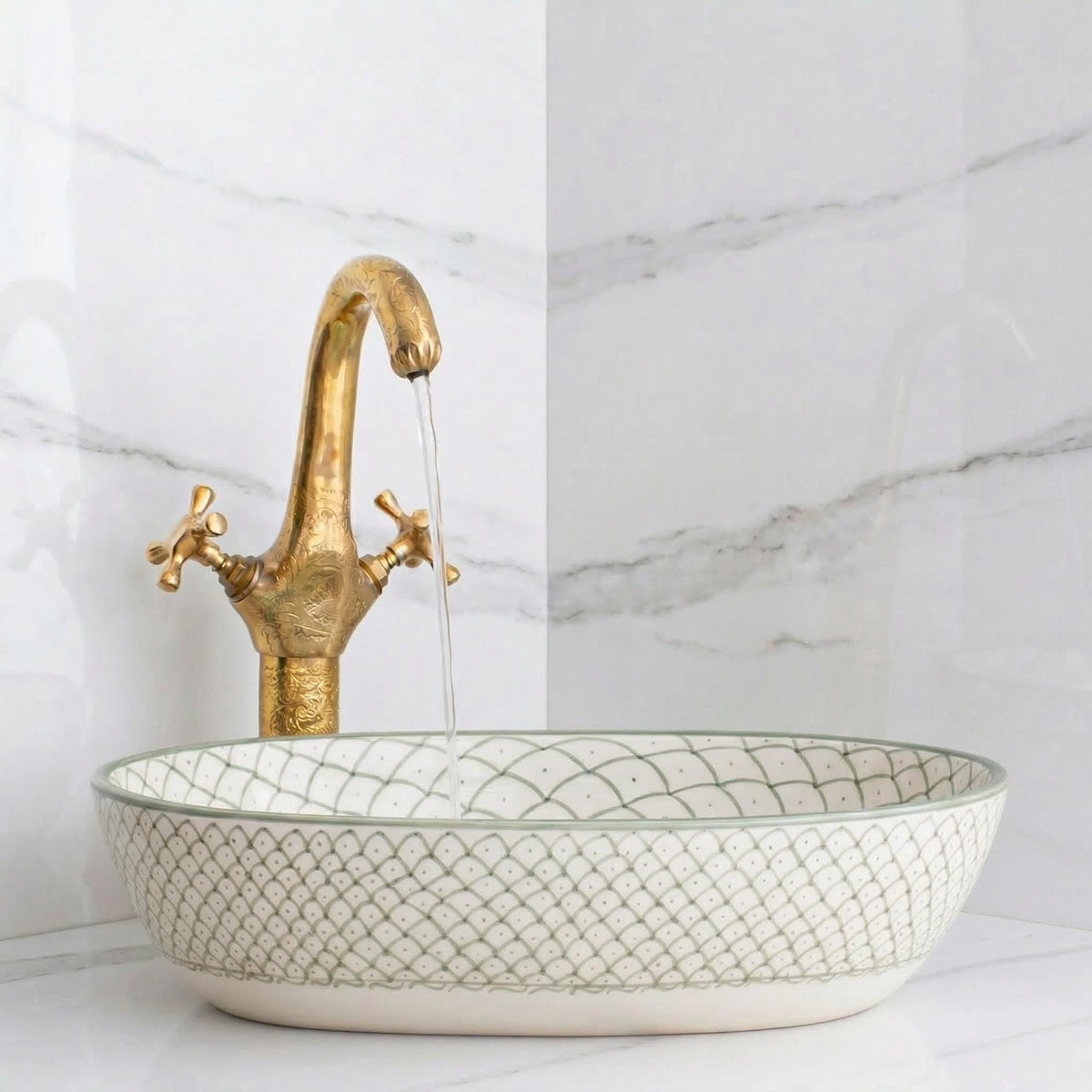 Moroccan Vessel Sink, Hand-Painted Green Oval Porcelain, 32-48 Cm.
