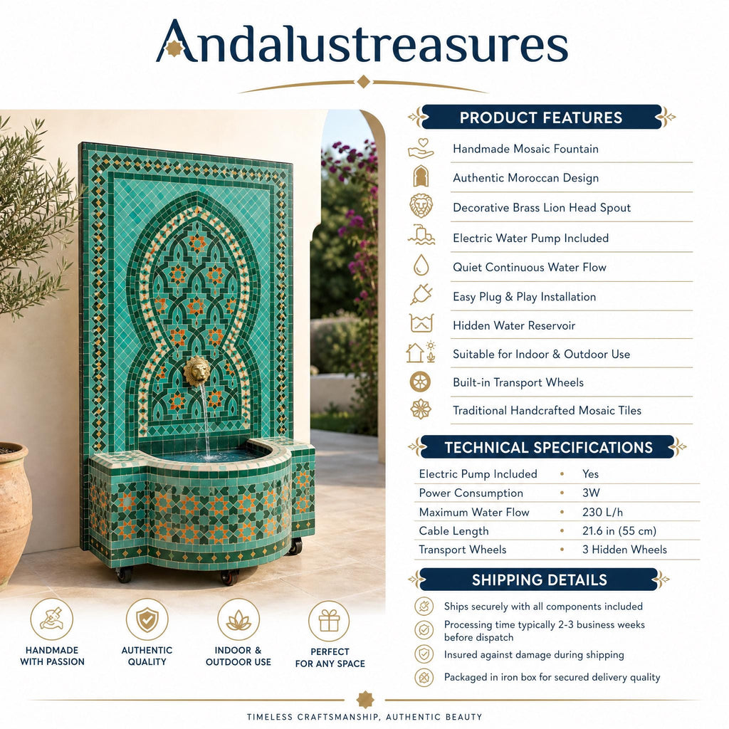 a handcrafted mosaic fountain with a traditional Moroccan design, including a decorative brass lion head spout and an electric water pump. The fountain is set against a backdrop of a garden, with a potted plant visible in the foreground.